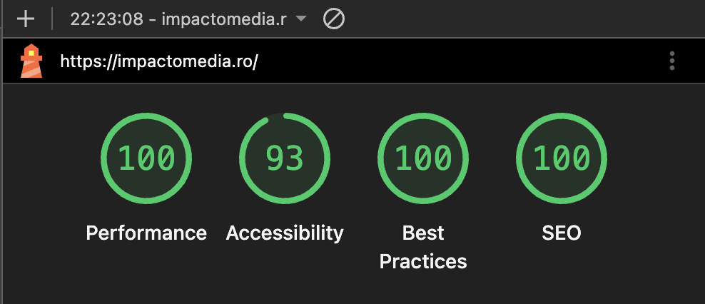 Google Lighthouse Test - 100 Performance, 93 Accessibility, 96 Best Practices, 100 SEO